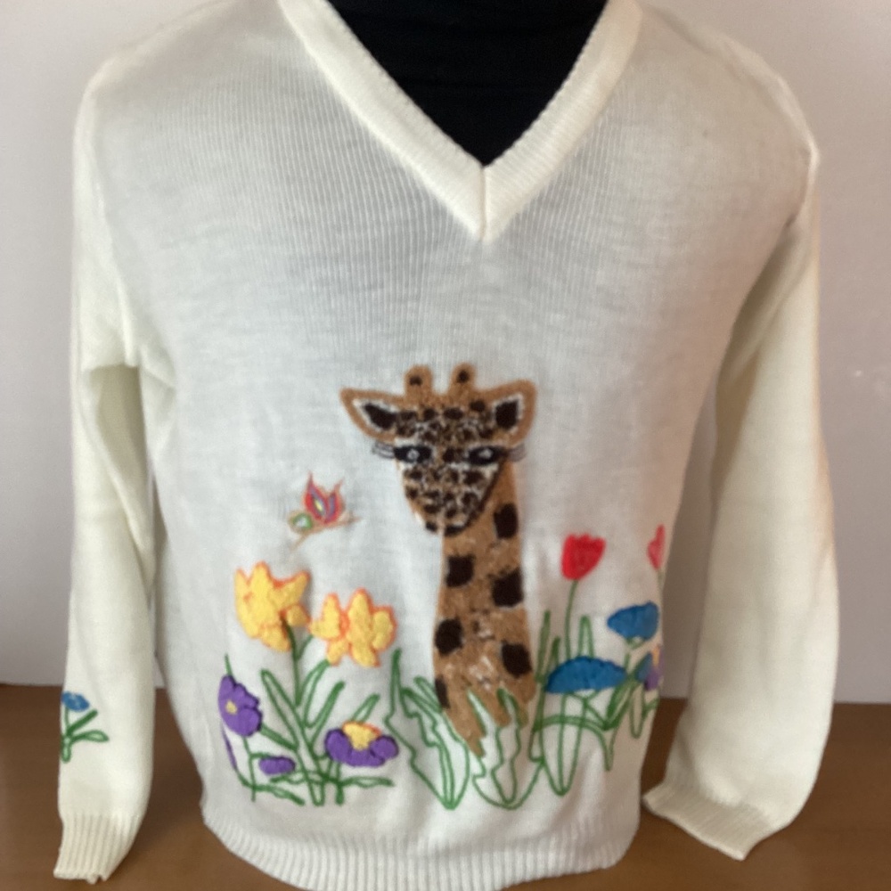 Vintage 1960’s, 1970’s Cyn Les Shirlee Designs Women’s Peeking Giraffe Sweater - Picture 2 of 8